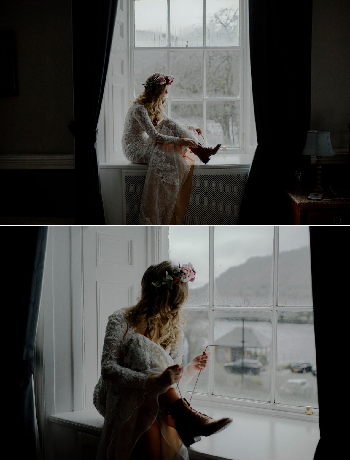 bride is tying her booties