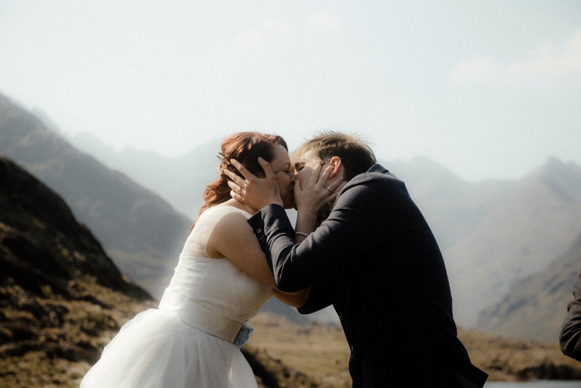 bride and groom first kiss on their elopement in Scotland