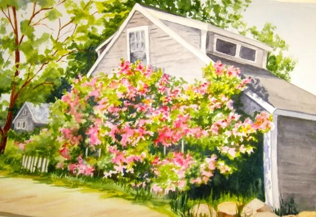 Artwork featured is Susan’s watercolor titled “Rose Cottage”