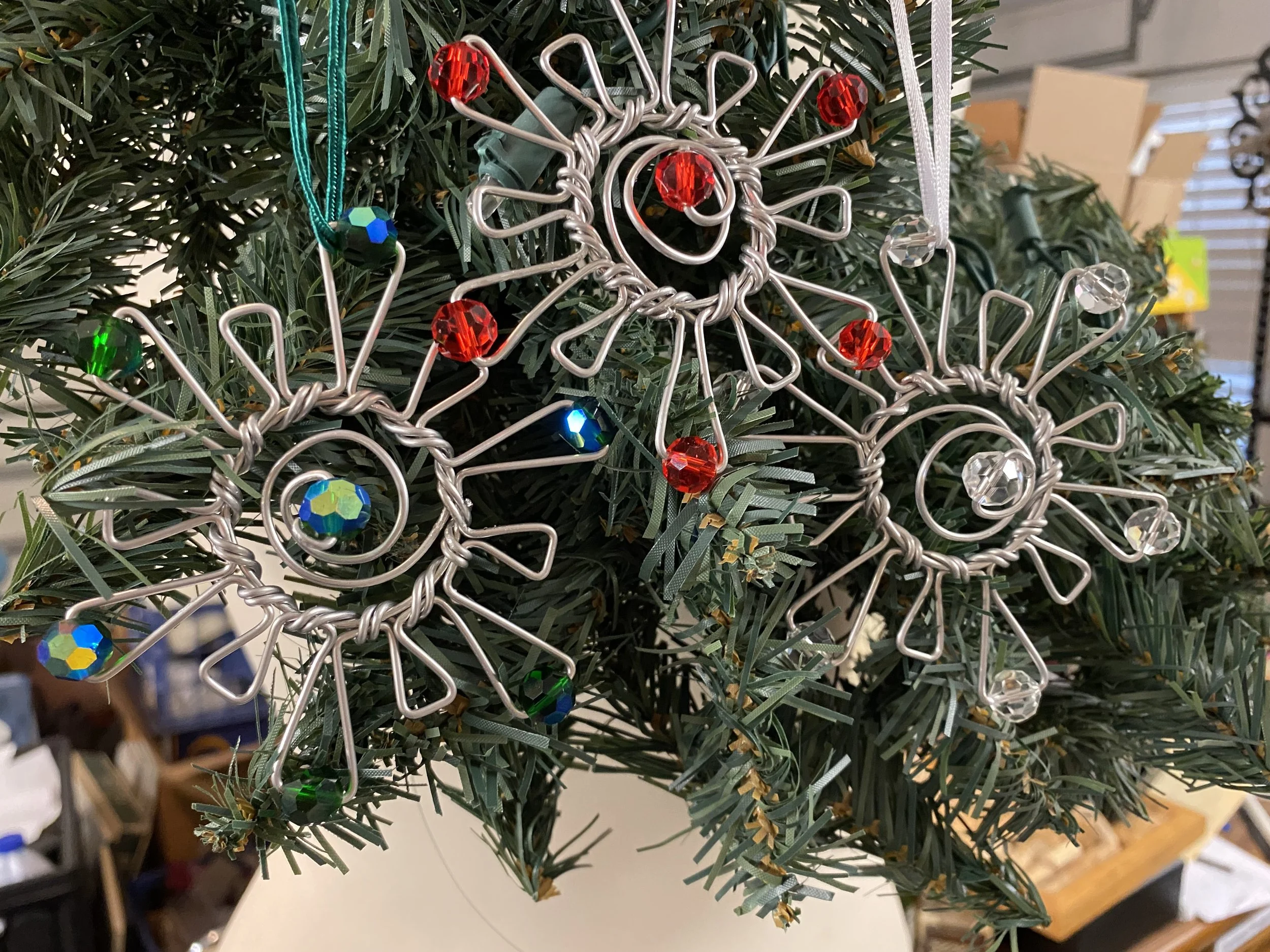 Star Christmas Ornaments Green, Red and Clear