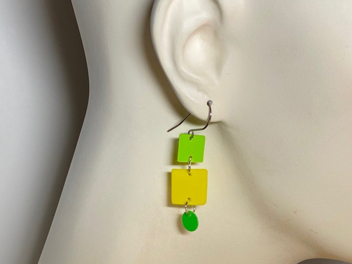 Lime/Yellow/Kelly Green Square Dangle Earrings