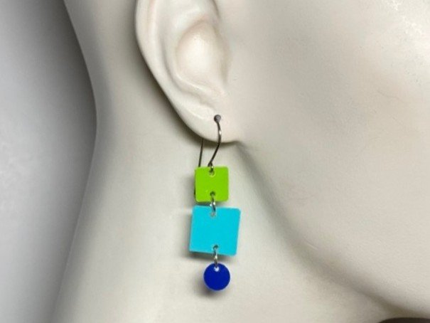 Lime/Aqua/Navy Square Dangle Earrings