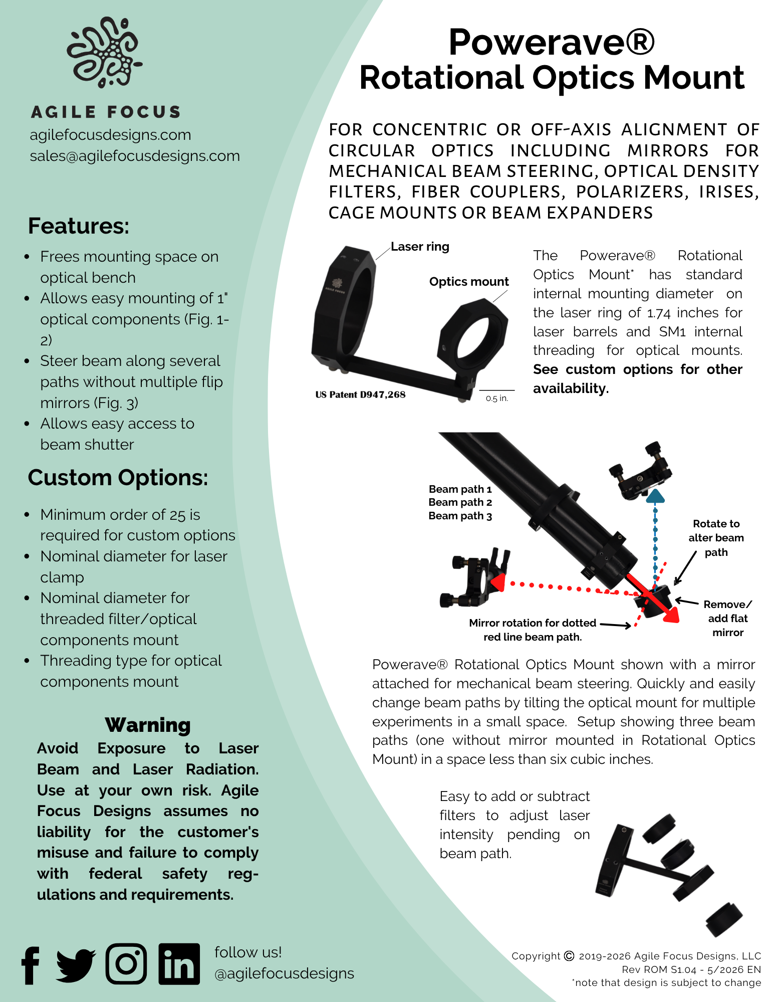 Rotational Optics Mount SpecSheet — Agile Focus Designs
