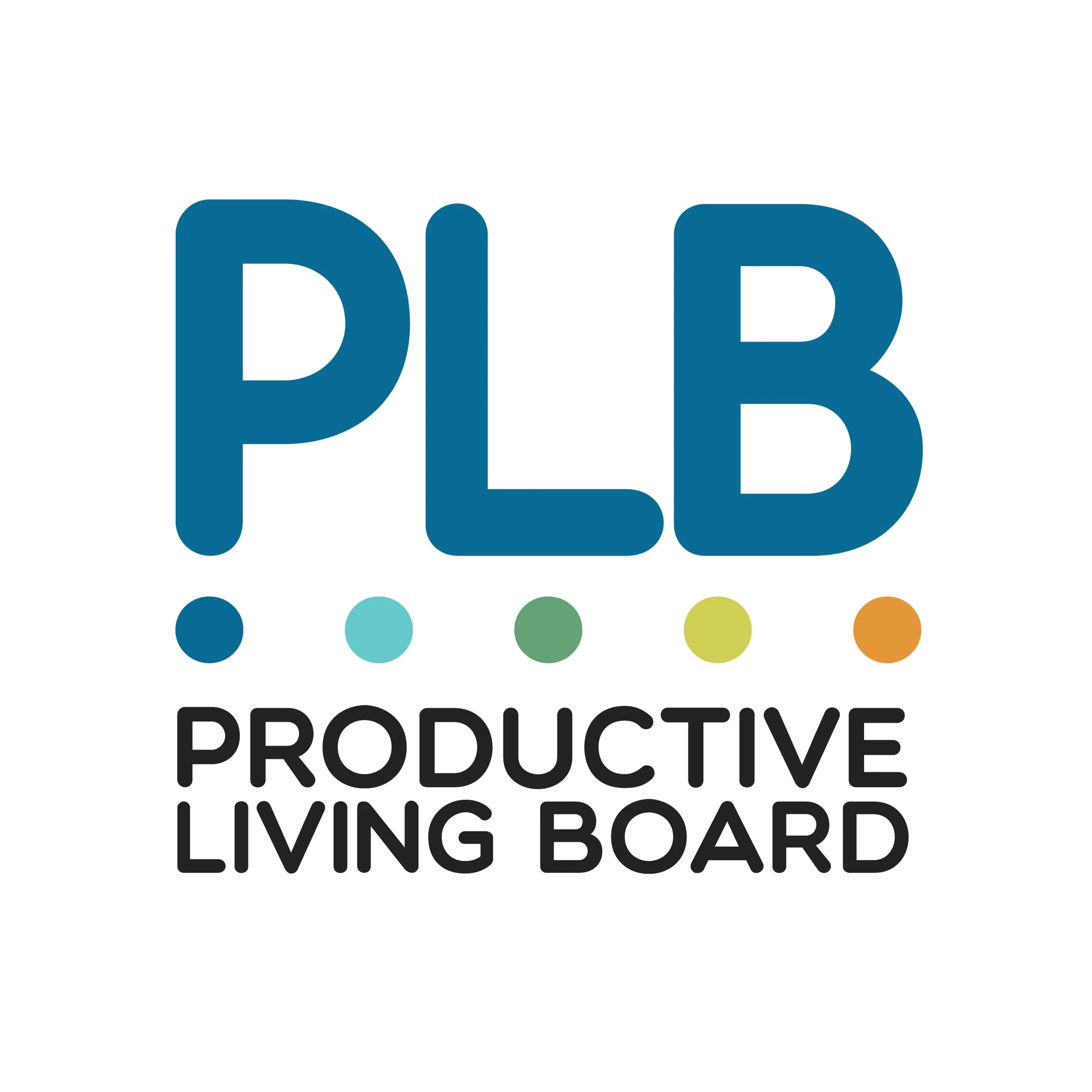 Logo for Productive Living Board with large blue letters 'PLB' above colored dots and black text 'Productive Living Board'.