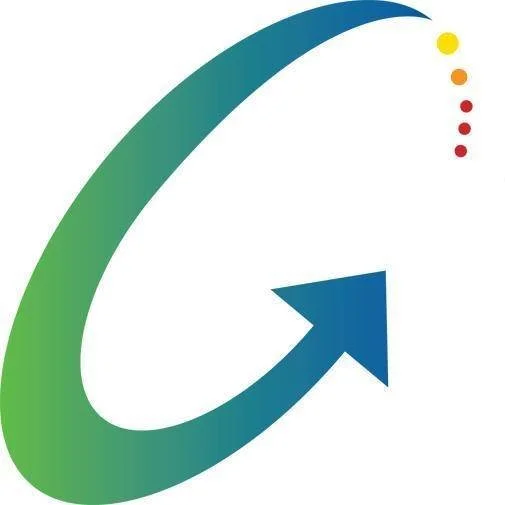 A circular arrow pointing clockwise with a gradient color transition from green to blue, alongside a vertical sequence of five dots colored yellow, orange, and red.
