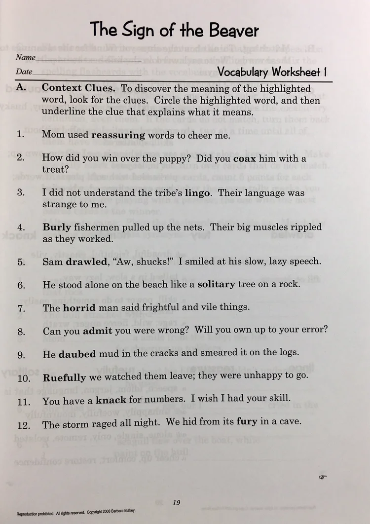 The Sign Of The Beaver Study Guide English Off The Pages