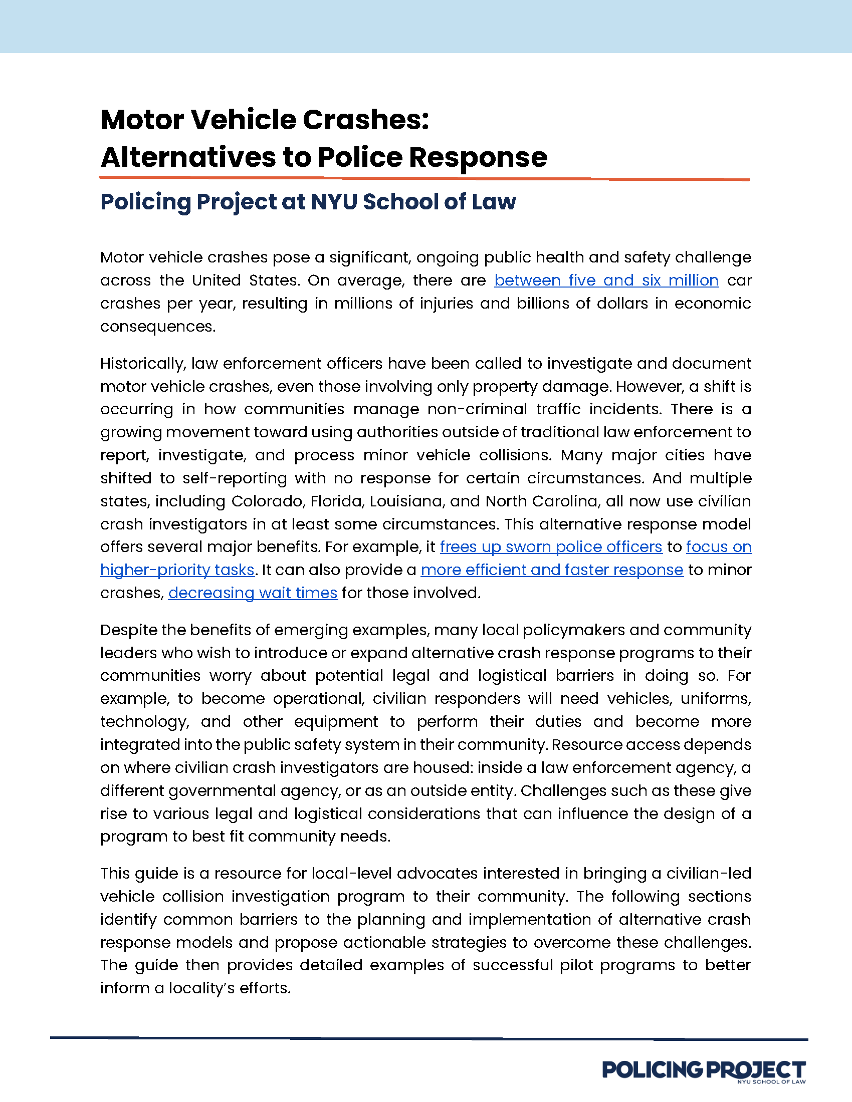 Motor Vehicle Crashes: Alternatives to Police Response