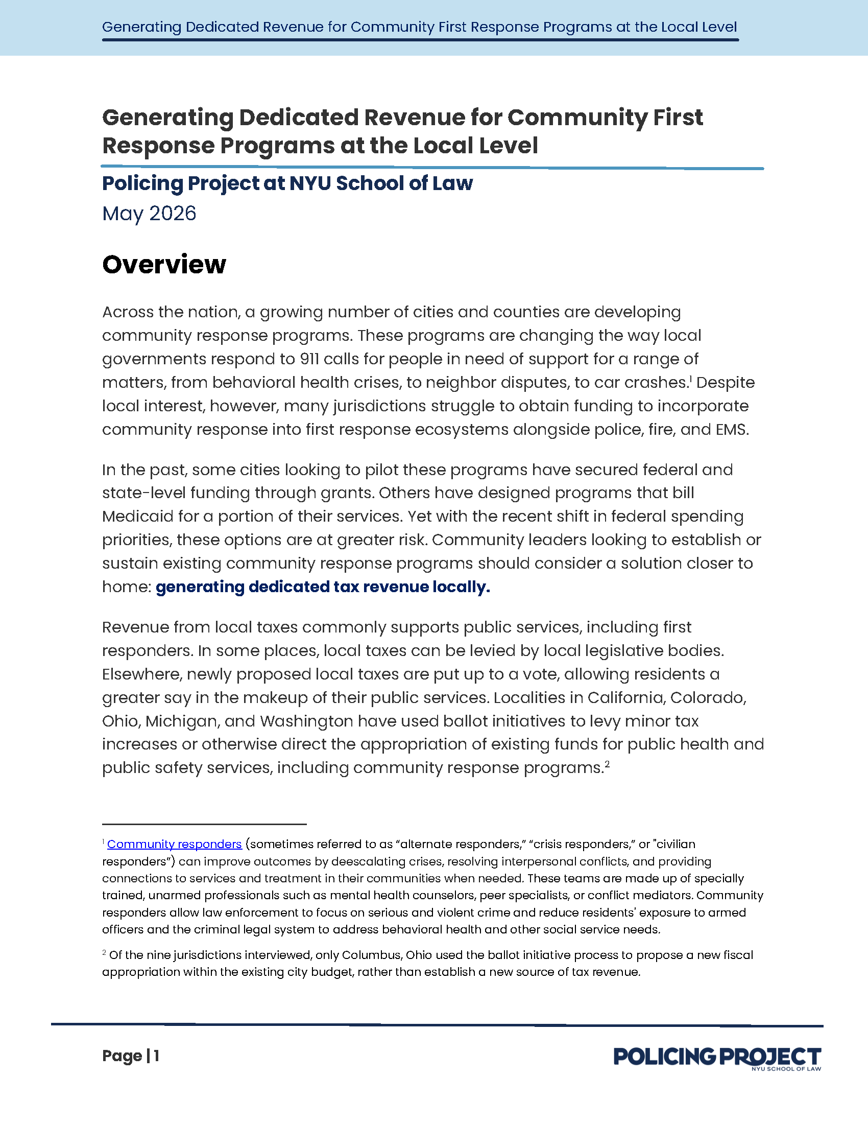 Generating Dedicated Revenue for Community First Response Programs at the Local Level