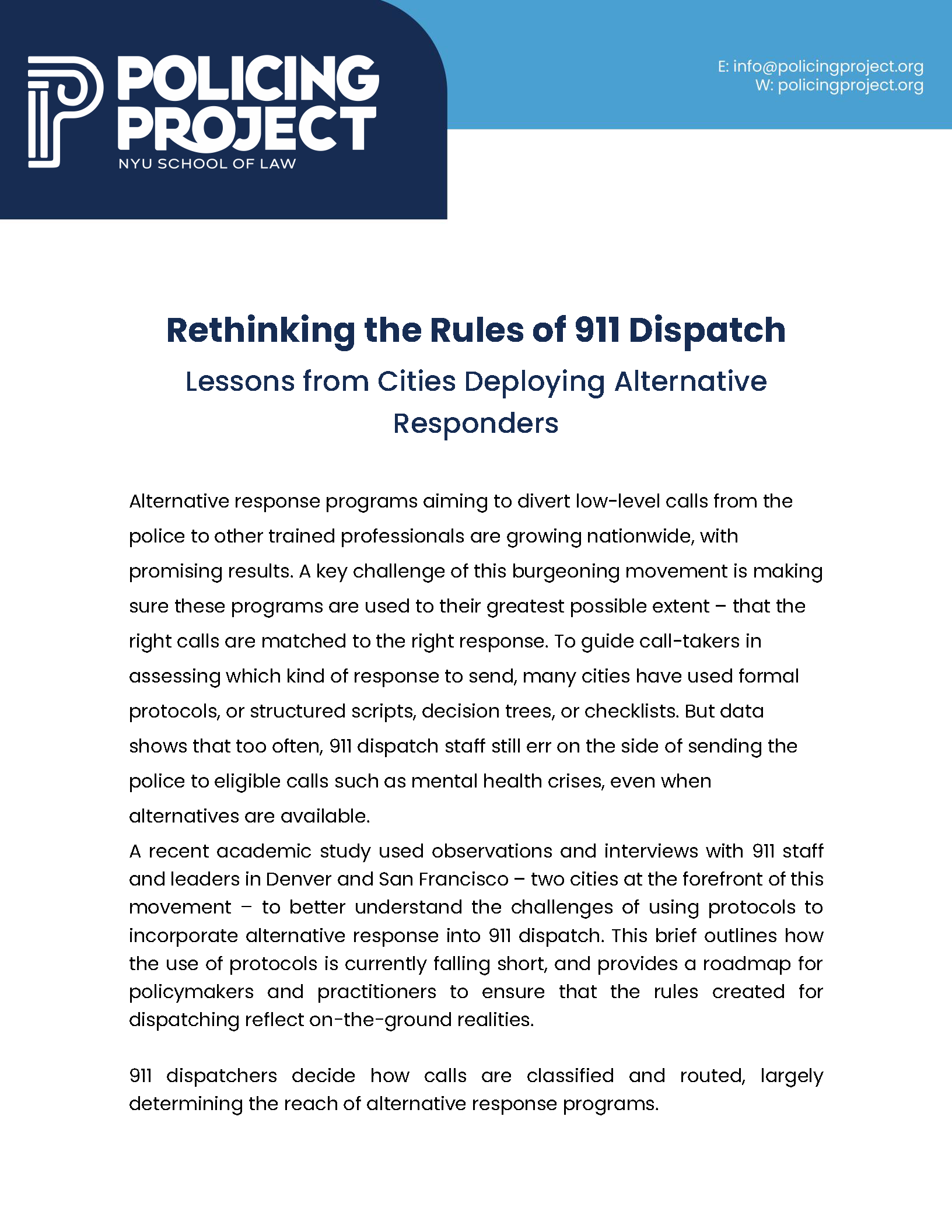 Rethinking the Rules of 911 Dispatch: Lessons from Cities Deploying Alternative Responders