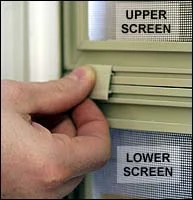 Some windows with two half-screens have screen clips which must be removed before either screen can be removed. Replace these clips after replacing screens.