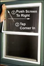 With one hand, push screen to right (compressing spring clips into right track) while tapping top left corner of screen into top track with other fist.