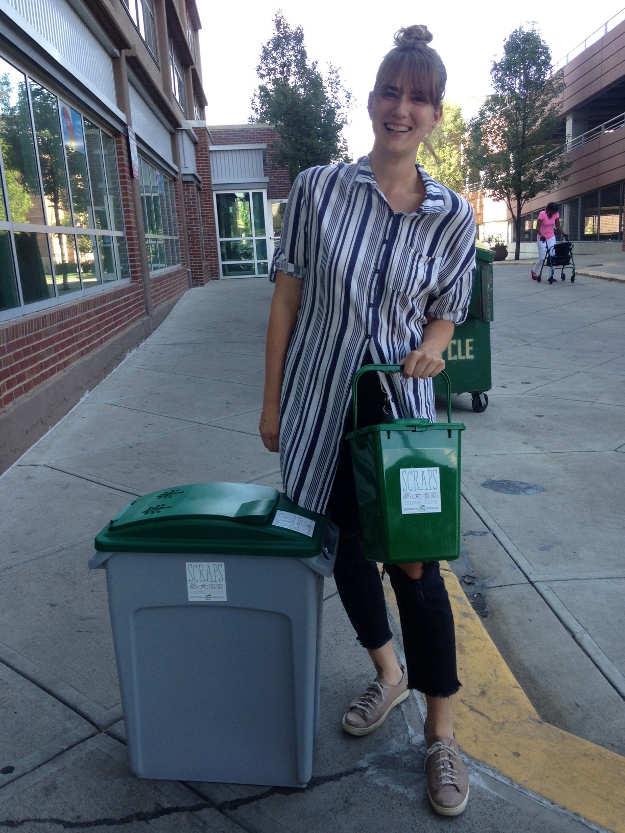 Our Scraps collection bin, standing beside Amy.