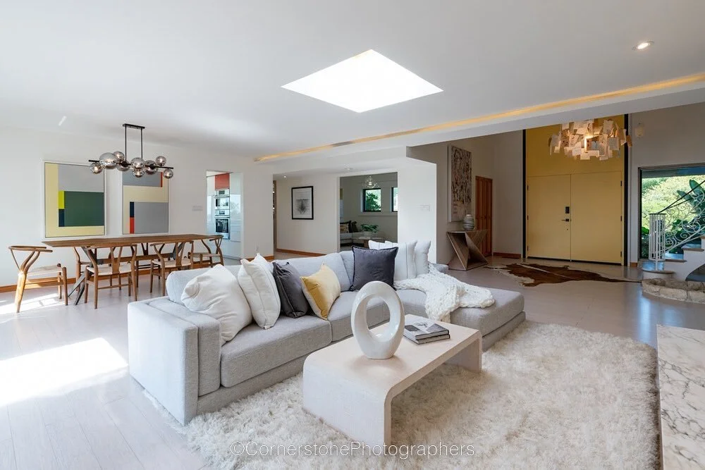 Love the design elements and yellow color pulling the eye from door to couch to dining. 

#CornerstonePhotographersNV  #SanFranciscoBayArea #EastBay #MidCenturyModern #Architecture #ArchitecturePhotography #RealEstate #RealEstatePhotography #Twilight