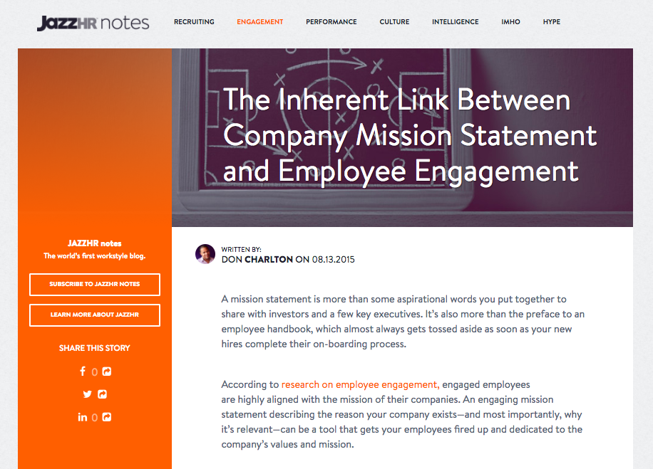 After overseeing the design and development of the blog, I created a content strategy, pitched topics, and managed an editorial calendar that allowed JazzHR to post engaging content on a regular basis. I authored, ghost wrote, or edited content