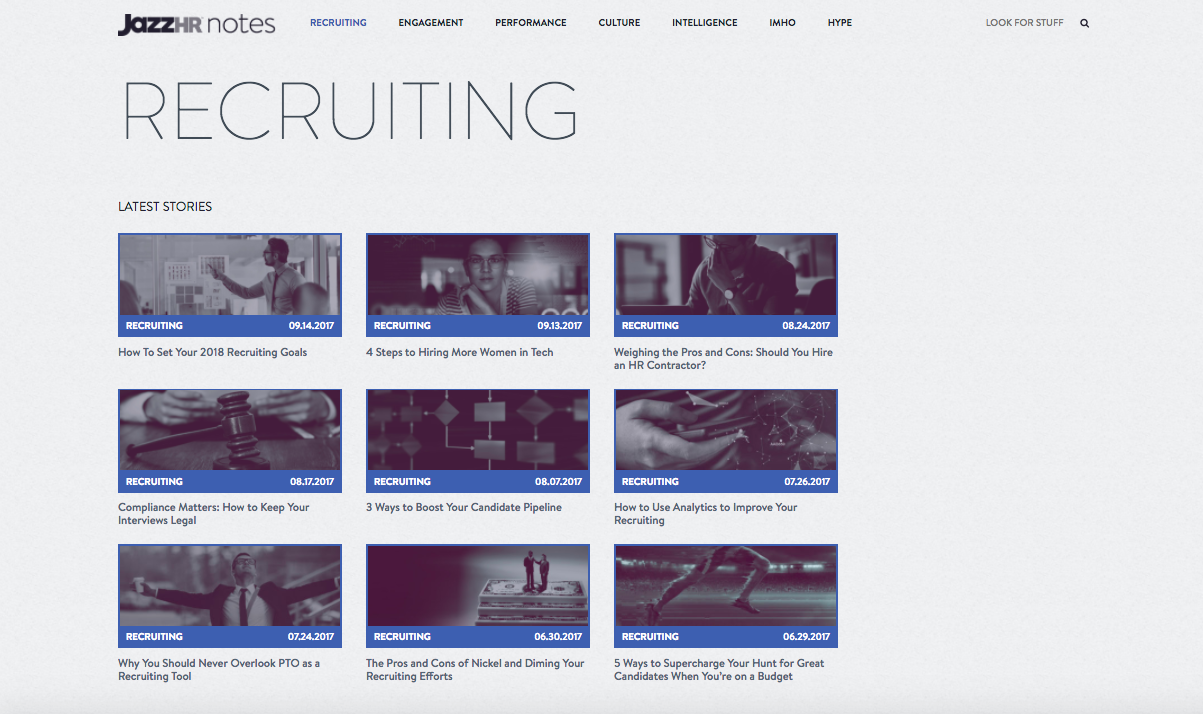 Given the new brand, I named the blog "Notes" and created seven topic categories to address the HR software company's readership: Recruiting, Engagement, Performance, Culture, Intelligence (data-focused posts), IMHO (opinion pieces), and Hype (