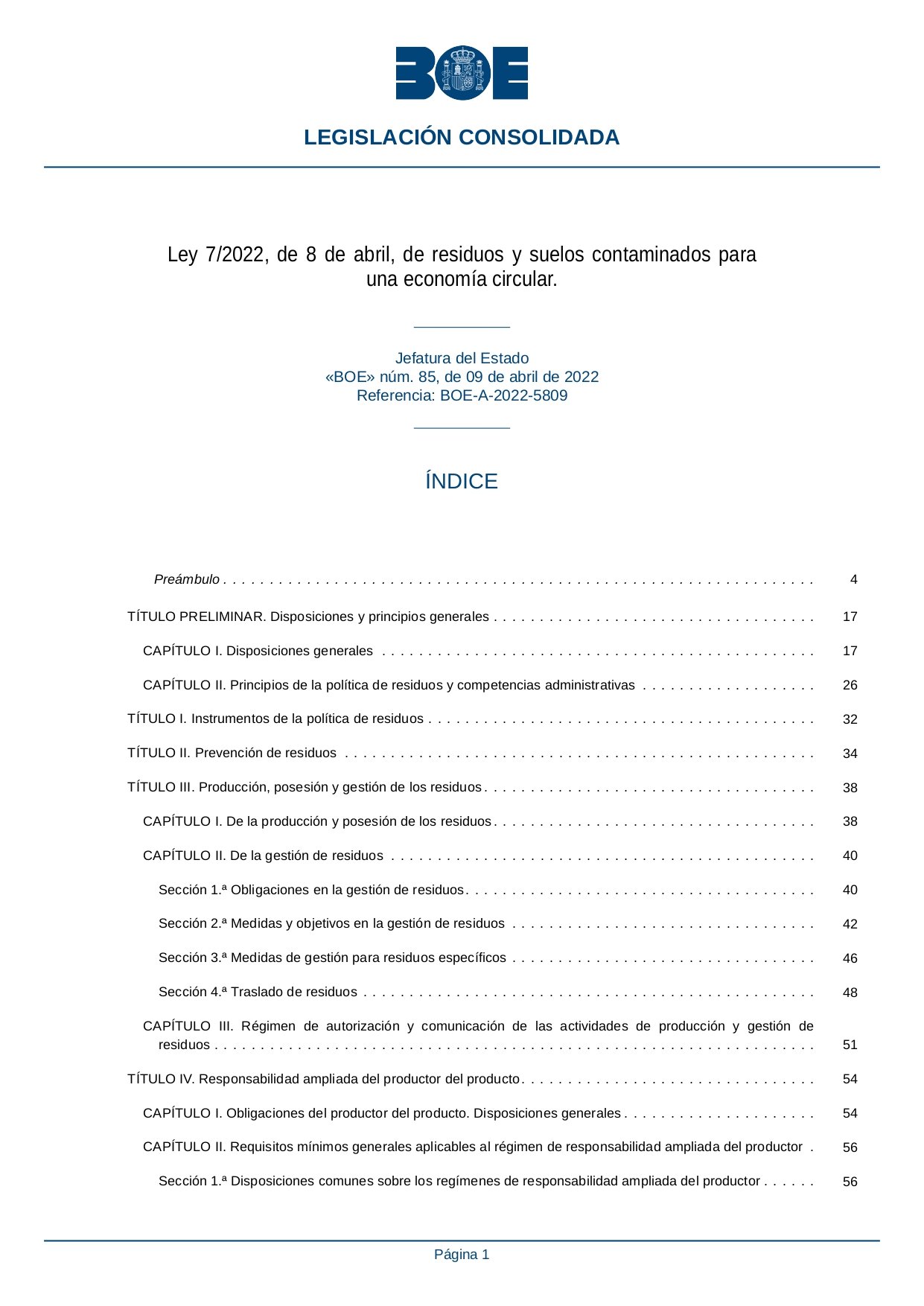 Ley 7/2022, de 8 de abril, de residuos y suelos contaminados para una economía circular