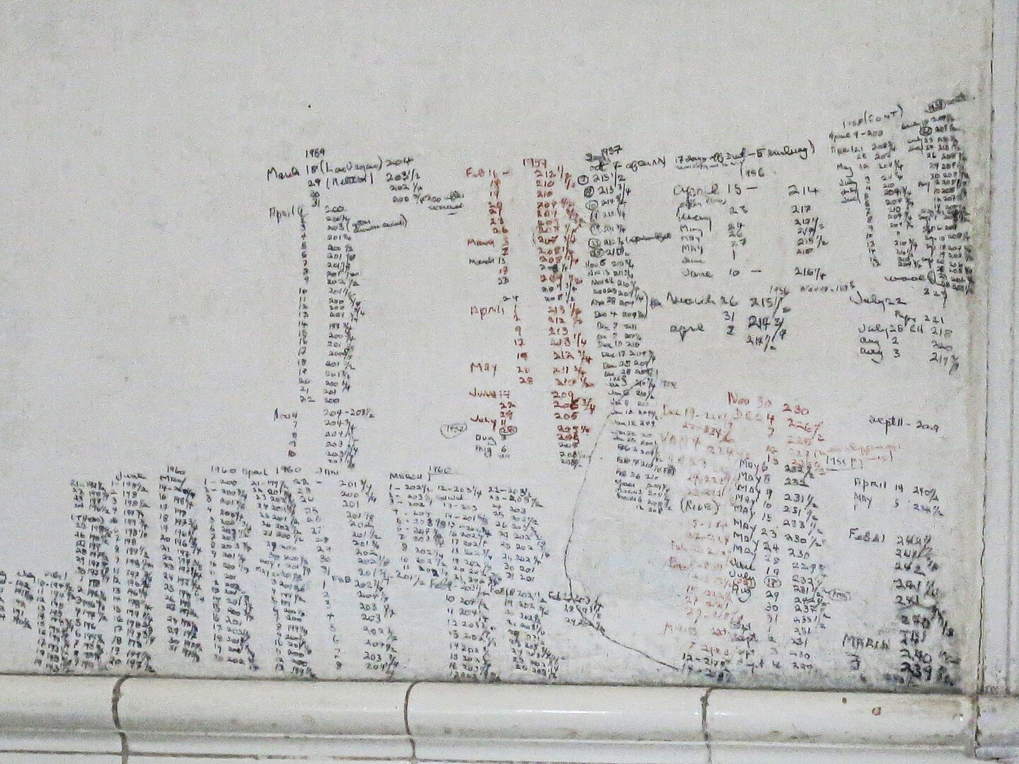 Speaking of candidates for #ozempic, here's Ernesto Hemingway's bathroom wall at his Havana-outskirts ranch house #fincavigia, where, in his final decade, he was desperately trying to shed weight, obsessively documenting his progress from 1950 onward