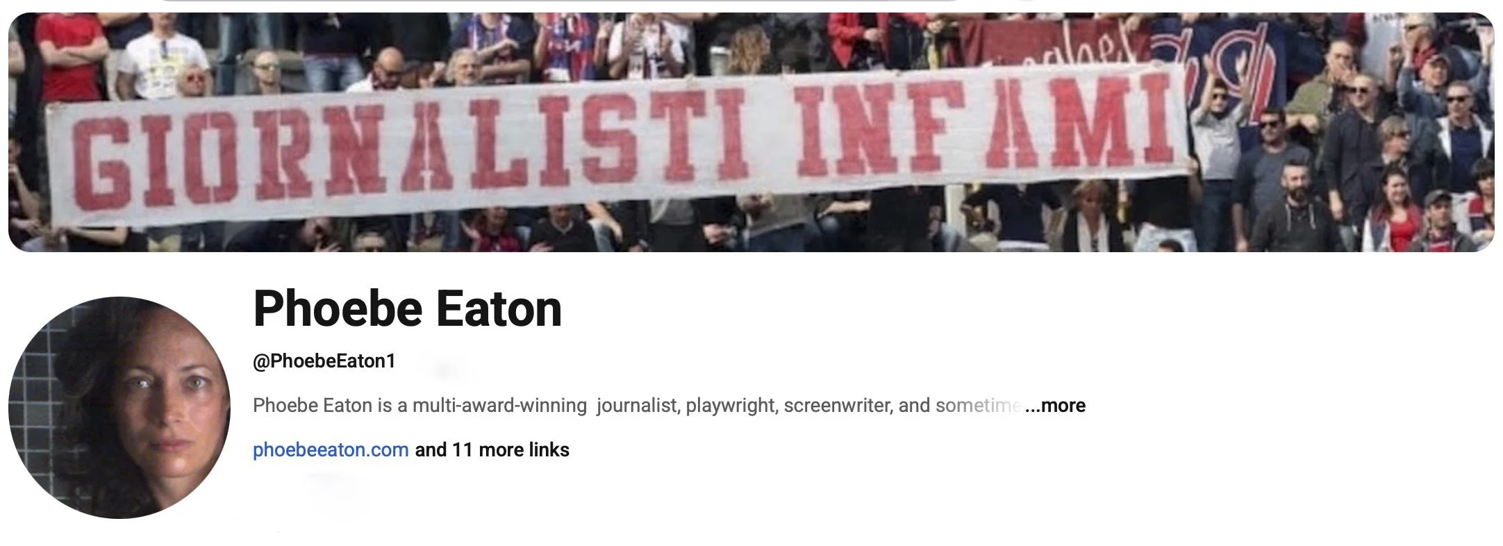 Profile photo of Phoebe Eaton under banner that reads "Giornalisti Infami," a visual taken from her Youtube channel page, where all the videos appearing on this page are also stored.