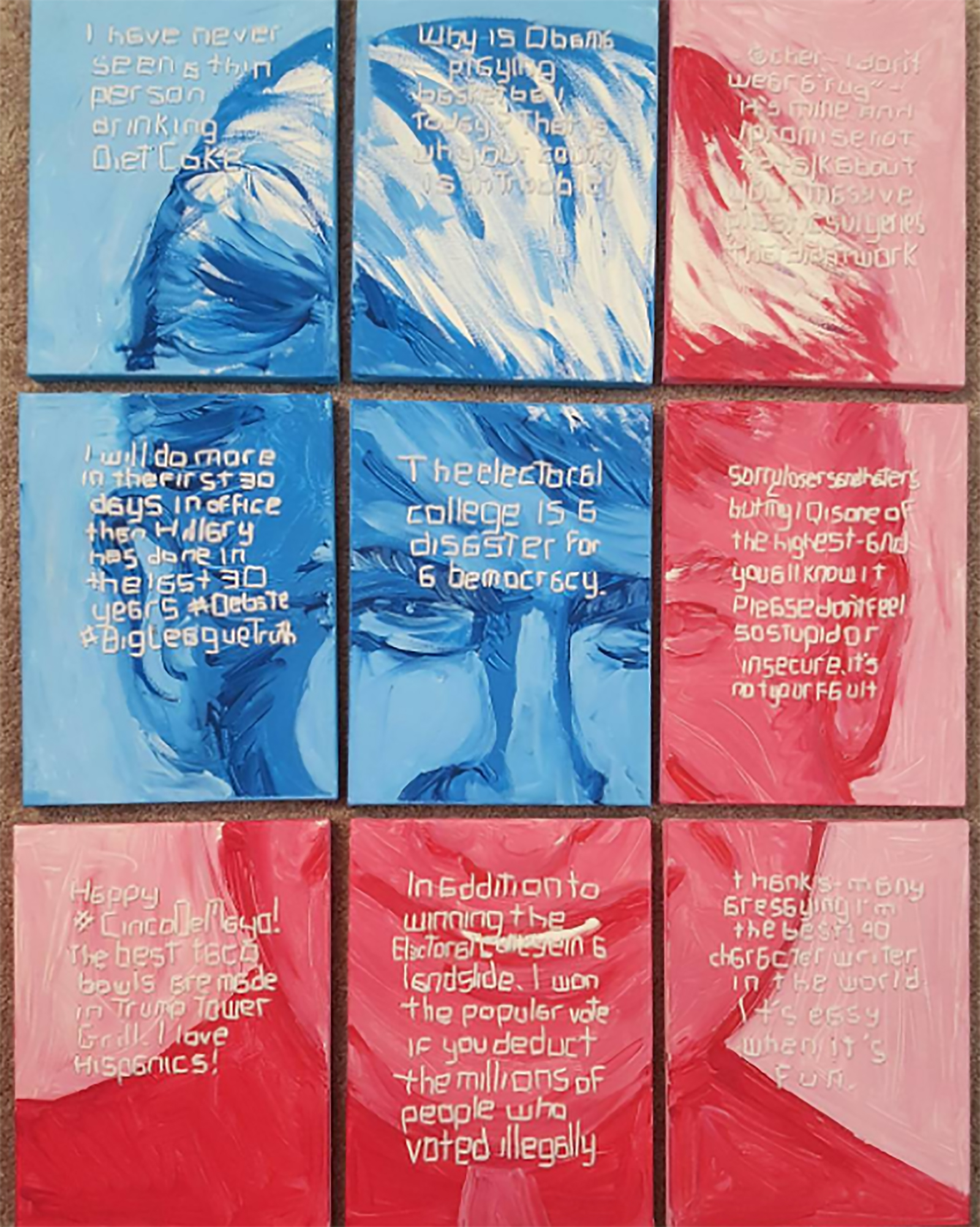 "Trump Tweets." Acrylic, yarn. 2016.