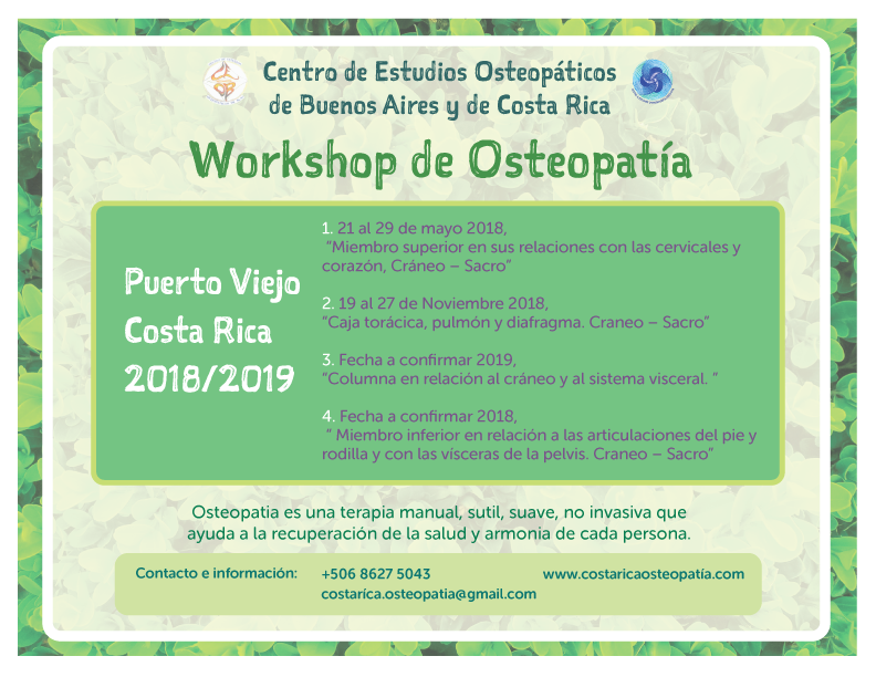 Flyer de Workshops de Osteopatía en Costa Rica, 2018/19.