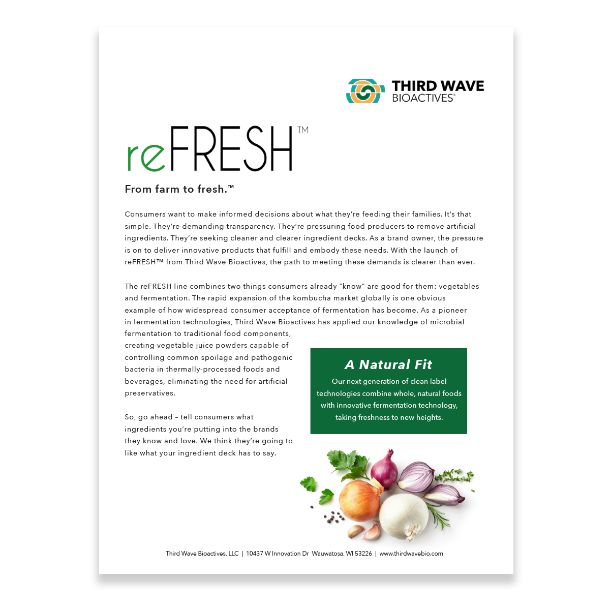 Brochure for reFRESH from Third Wave Bioactives, featuring vegetables like onions and garlic, with informational text about microbial fermentation and clean label foods.