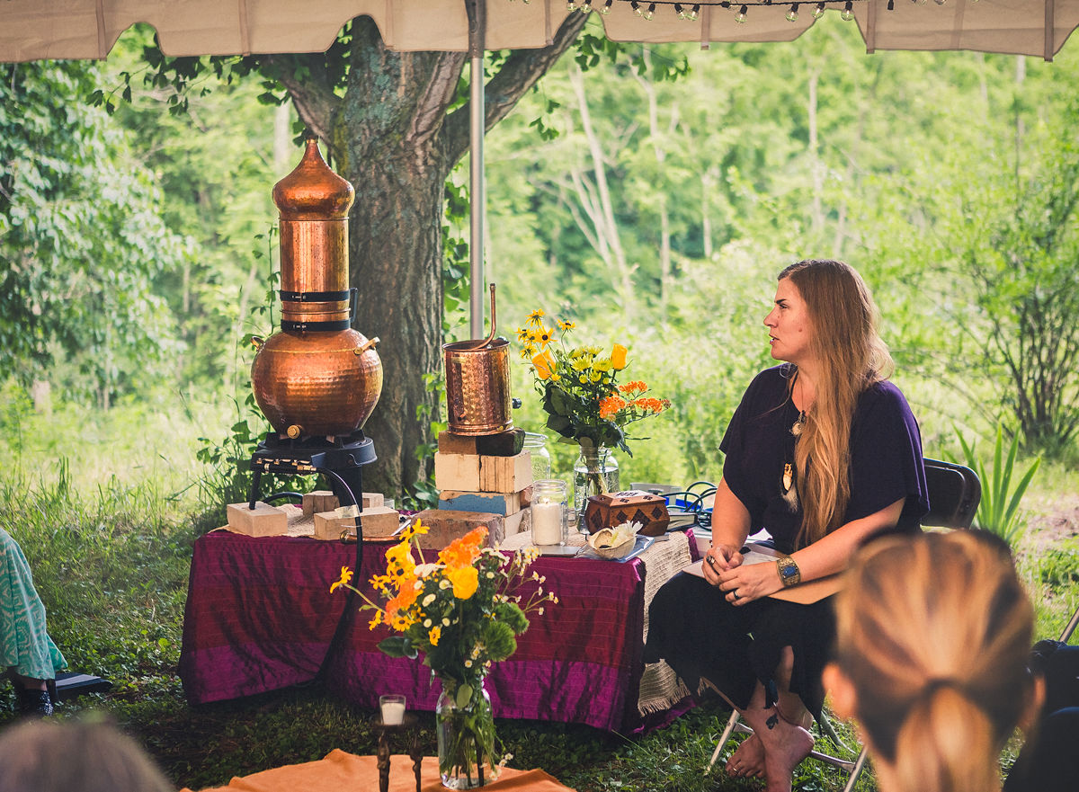 Erika Galentin teaching a distillation workshop at Sovereignty Herbs in Athens, Ohio. Photo: January Heuss Photography