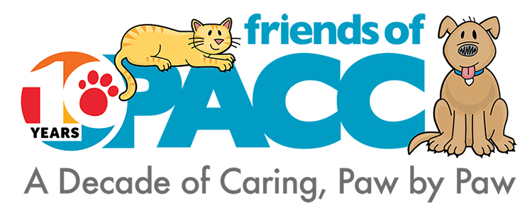Friends of PACC 10th Anniversary logo with cartoon cat and dog mascots.