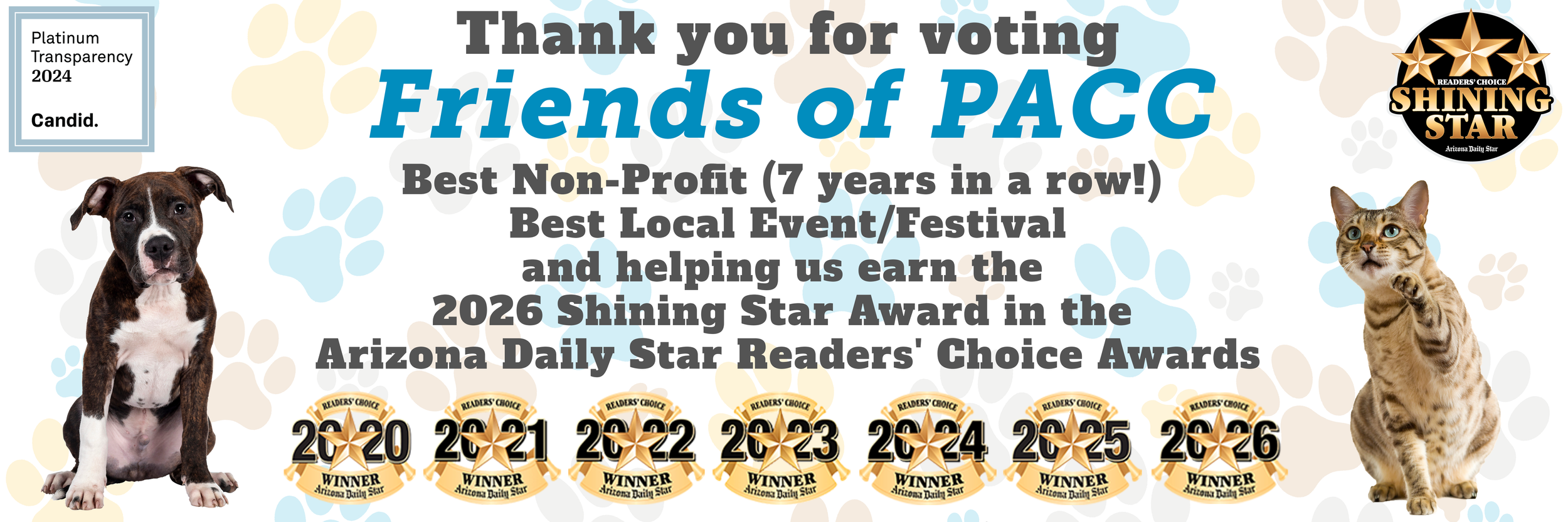 Graphic detailing Friends of PACC's numerous awards and non-profit transparency badges.
