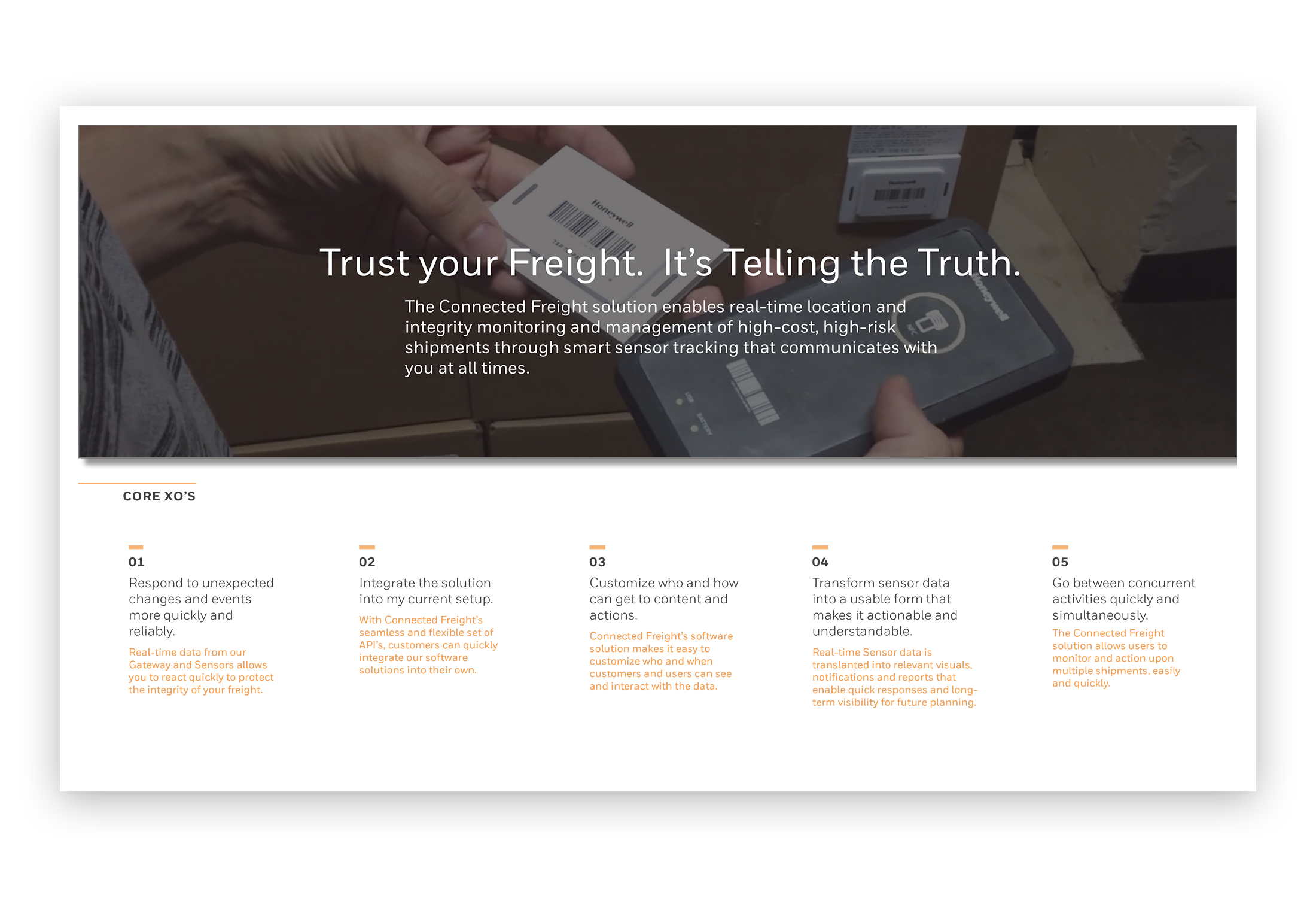 Connected Freight's 'Landing Page' with the 5 top Experience Outcomes. 