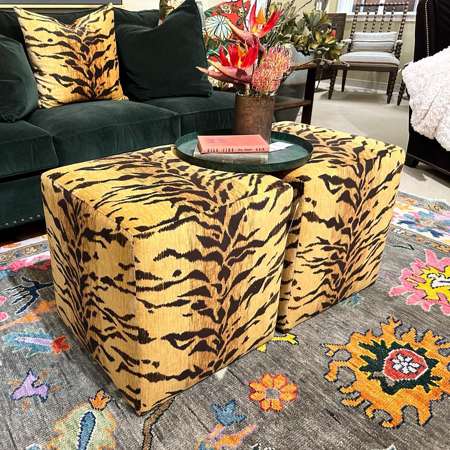 Ottomans are a great way to bring in color and pattern as well as extra seating in a pinch! We offer a variety of different sizes, shapes, and colors in our showroom!