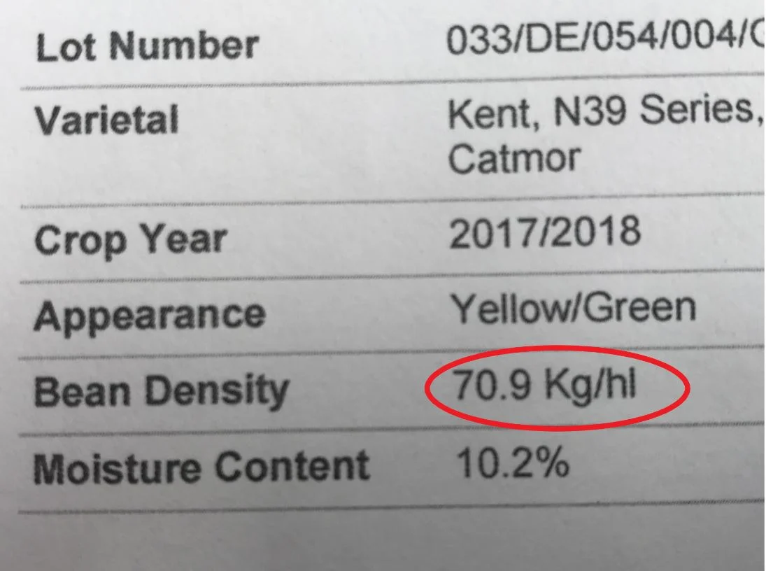 Figure 1. A typical spec sheet which shows density and moisture contents. Traditionally spec sheets would also show tasting notes, origin, farm etc. All of which we’re omitted from this example for ease of illustration.