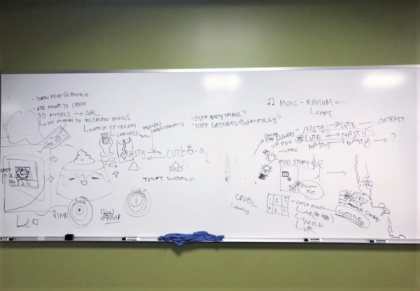  Our whiteboard of ideas and thoughts for the project during our first brainstorm session. 