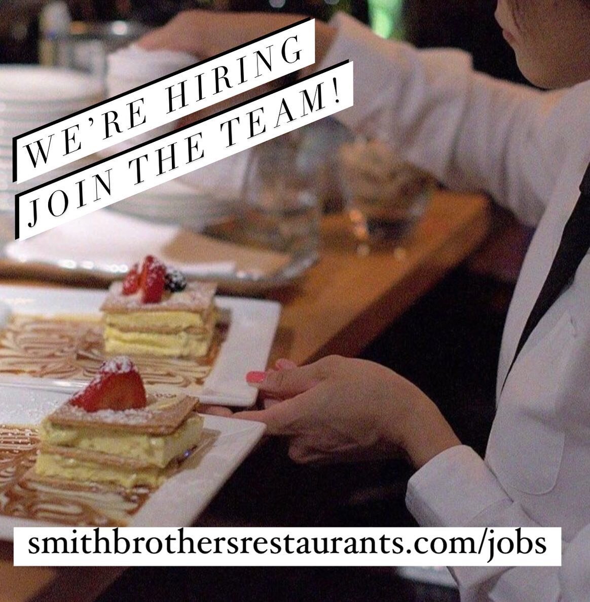 Join the award-winning Smith Brothers team! Hiring front and back of house positions. Tag someone you think should apply!👇

Copy and paste the following link in a browser to see position details and submit an application:

https://www.smithbrothersr