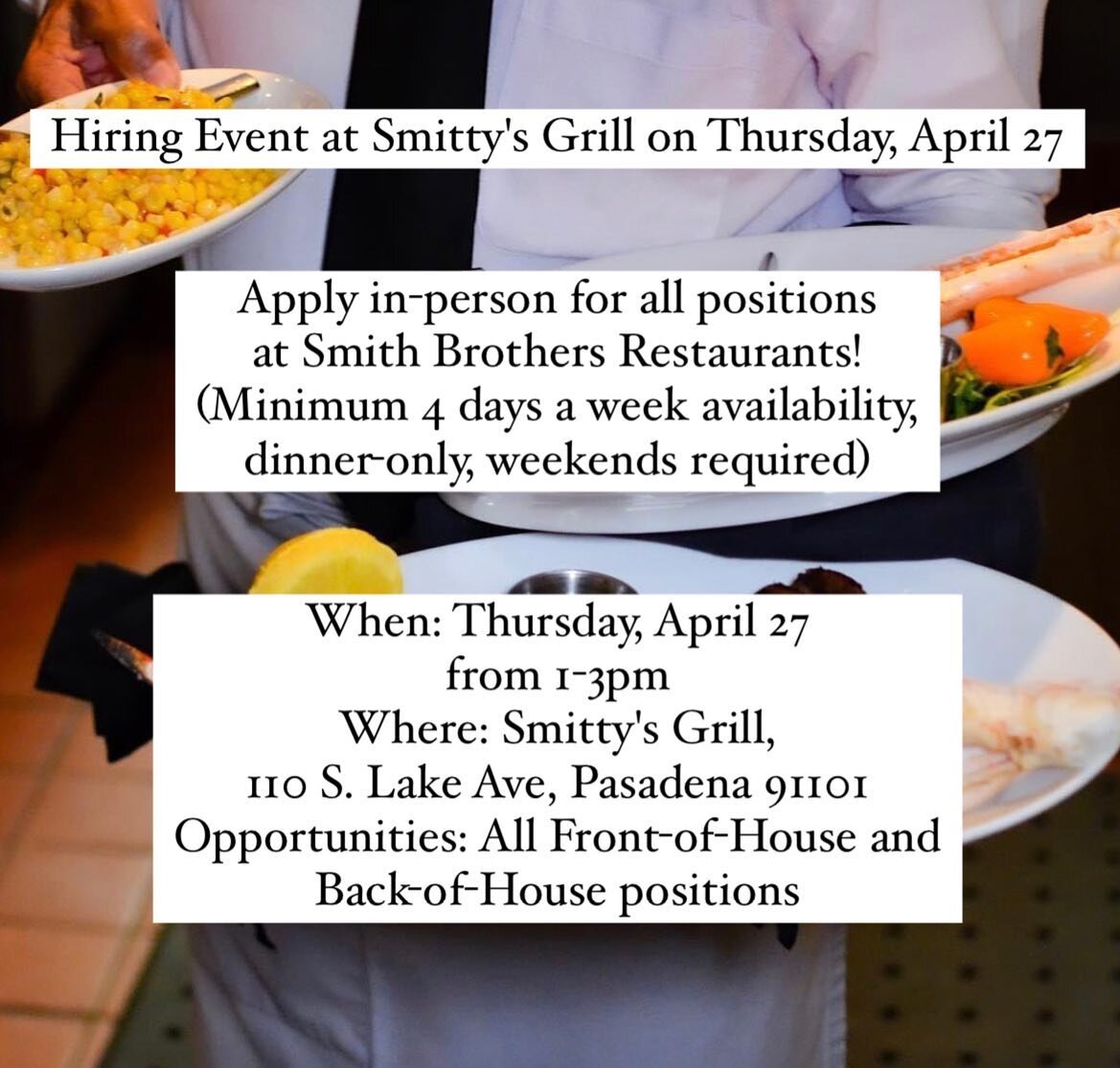 📣Looking for qualified applicants to apply in-person for all restaurant positions this Thursday, April 27th at Smitty&rsquo;s Grill! Mark your calendars and spread the word!
.
.
.
.
.
#parkwaygrill #smittysgrill #arroyochophouse #pasadenaca #visitpa