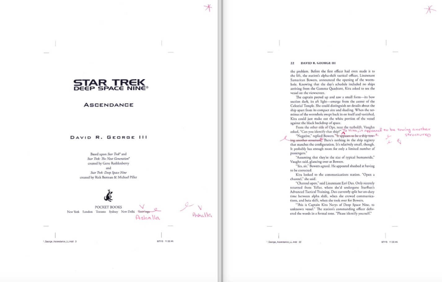 My handwritten changes to two pages of the first-pass galleys for Ascendance ©2017 David R. George III