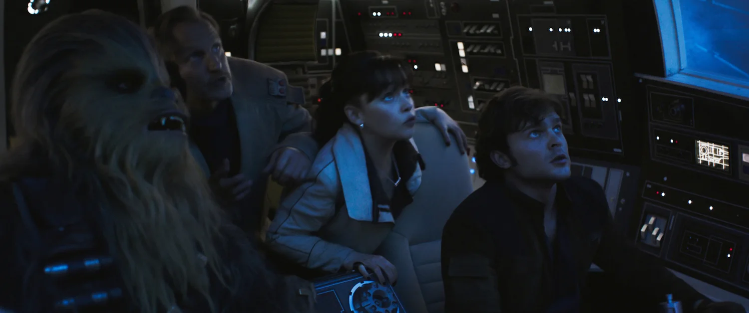 Left to right: Joonas Suotamo, Woody Harrelson, Emilia Clarke, and Alden Ehrenreich aboard the Millennium Falcon in Solo: A Star Wars Story