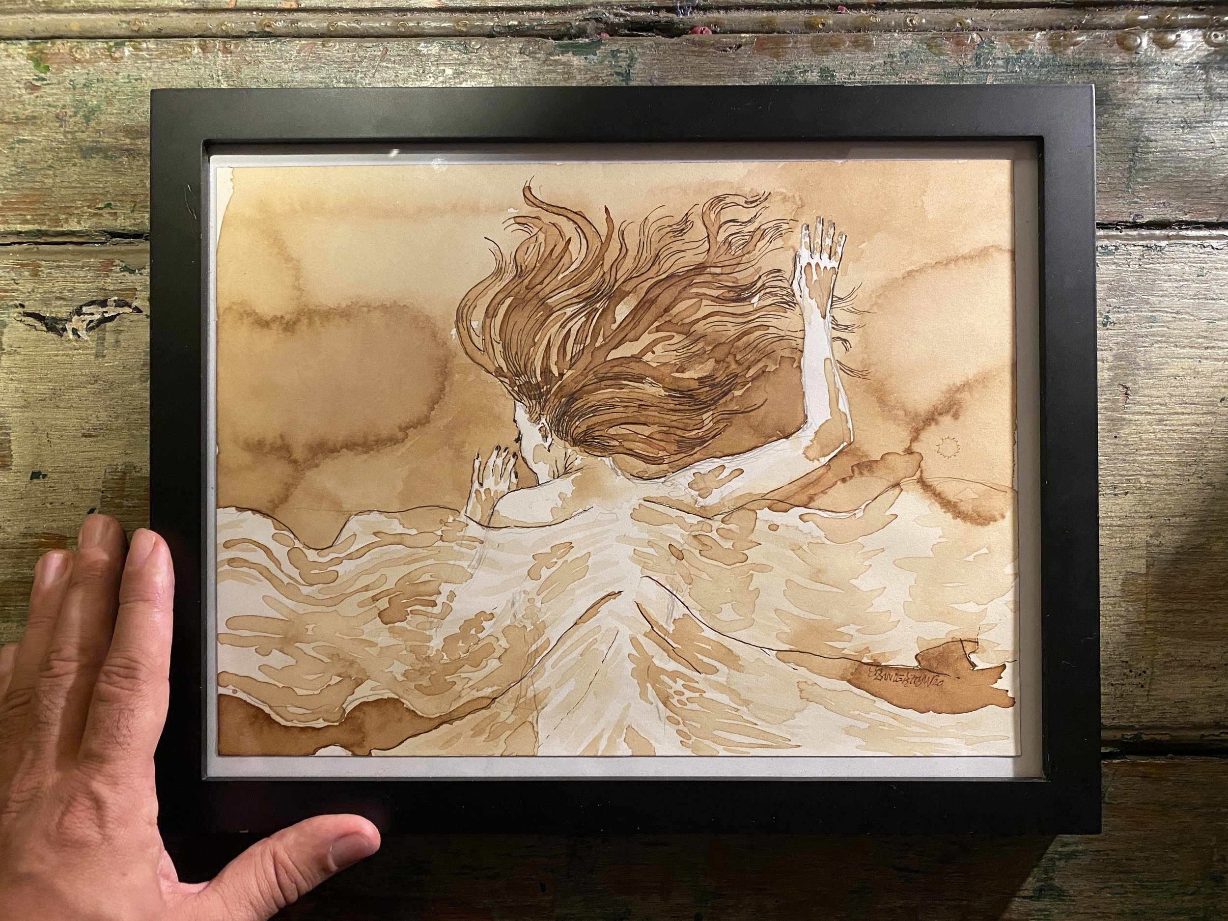 Exhausted Faerie {Coffee-Stains with Ink Pen} ORIGINAL 9"x12"