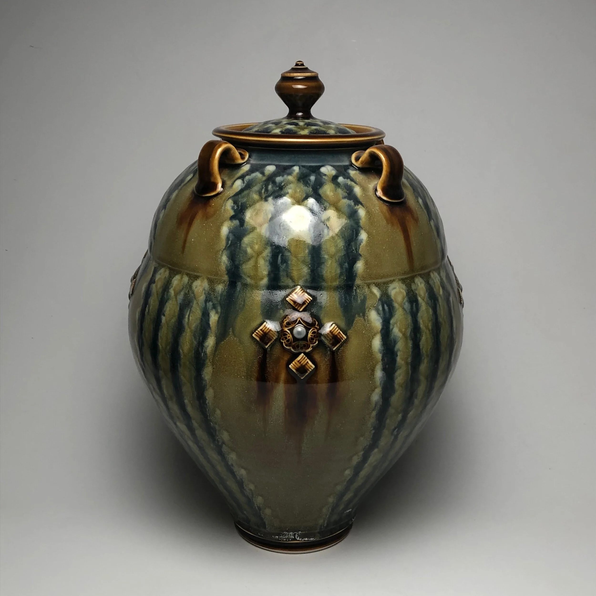 Large Green/Blue/Brown Sprig Covered Jar