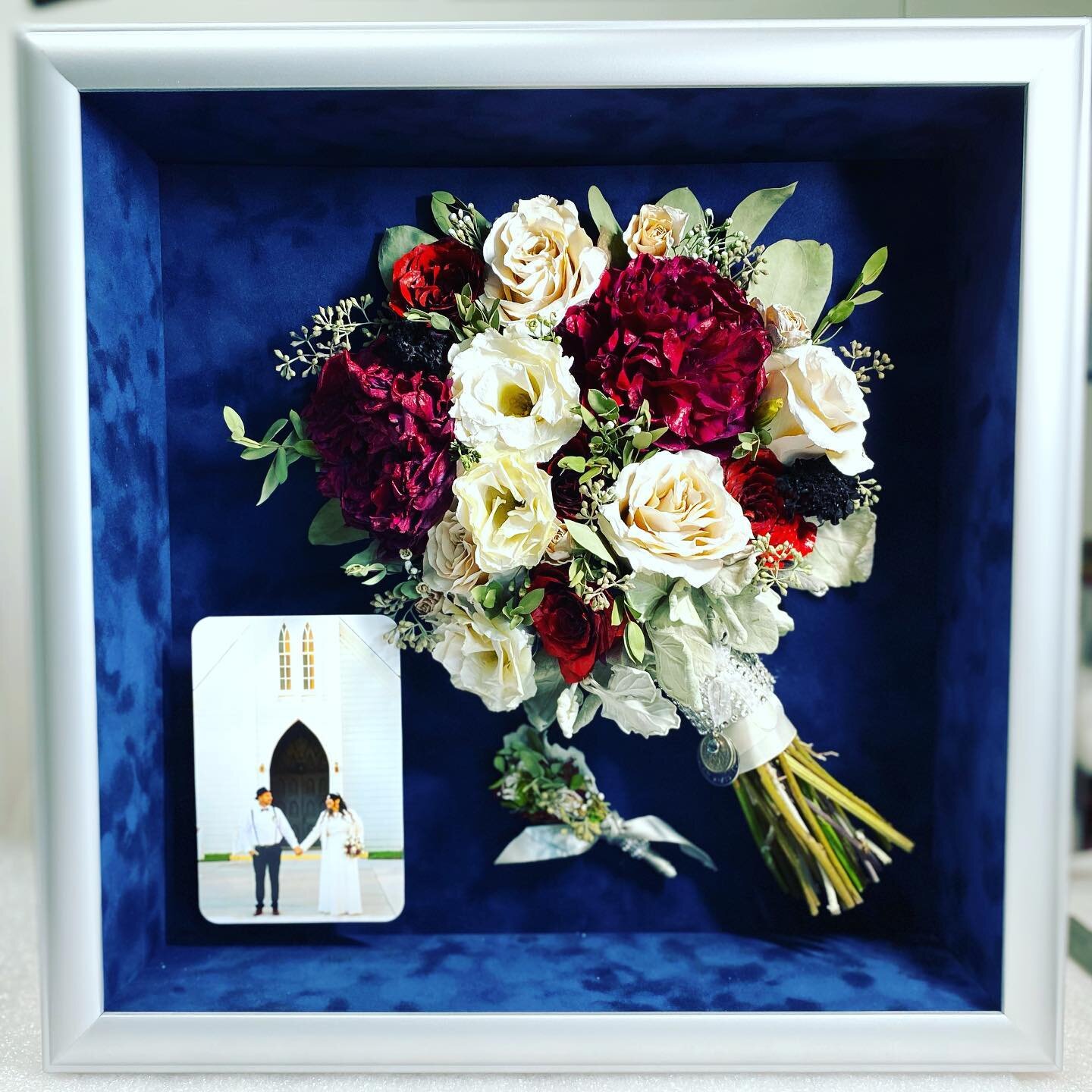 The Reds Whites and Blues!  Bam!  I love how they are looking at each other in the photo.  #weddingkeepsake #preservedbridalbouquet #weddingshadowbox #socalbridestobe #socalwedding