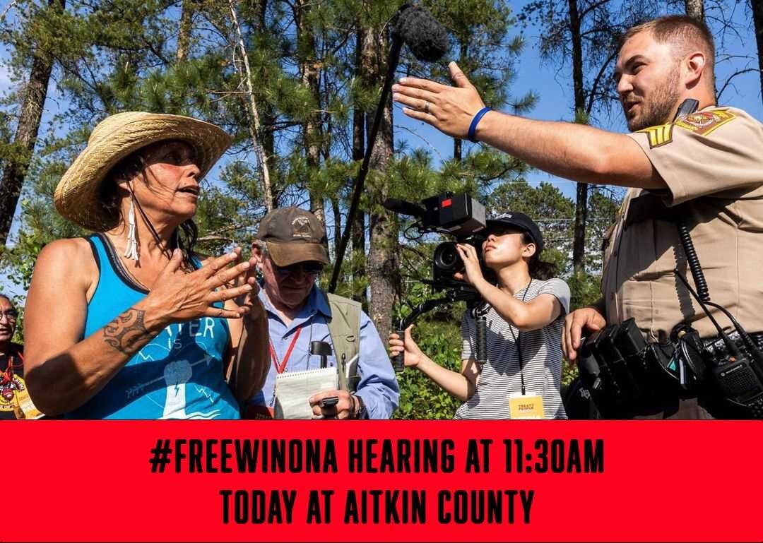 Tune into Zoom today at 11:30AM CST for Winona's arraignment in Aitkin County. #FREEWinona 

Meeting ID 1603117011
Pass Code: 207974

After standing up for the Shell River on her #treatyterritory #winonaladuke Winona LaDuke was not released from Wade