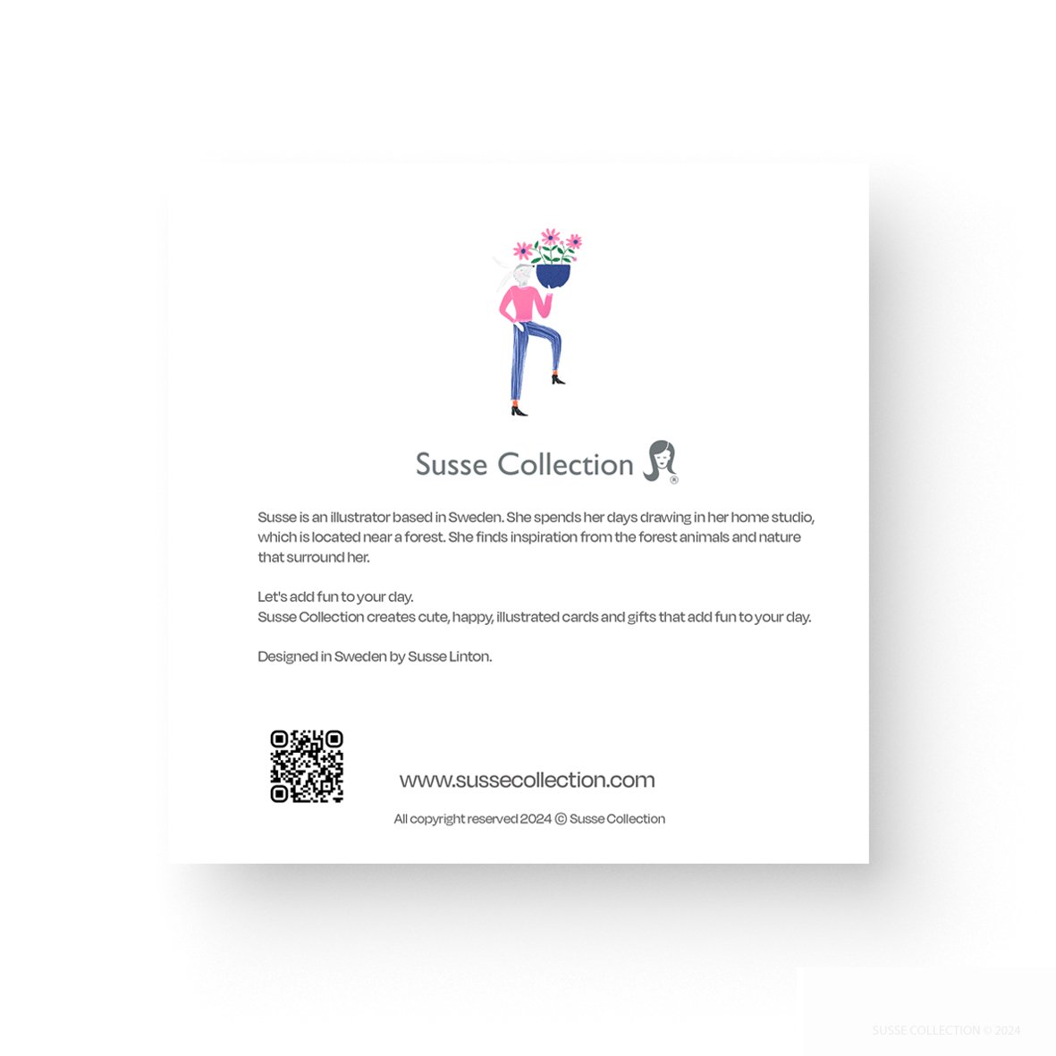 Greeting Card Pack of ten by illustrator Susse Linton for Susse Collection Thank you note cards in Swedish back
