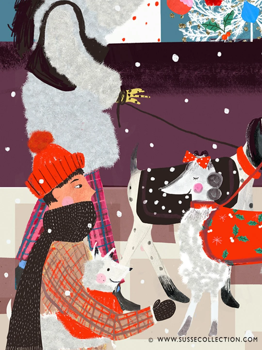 A photograph of an illustration of fashion people Christmas shopping with their dogs. a detail