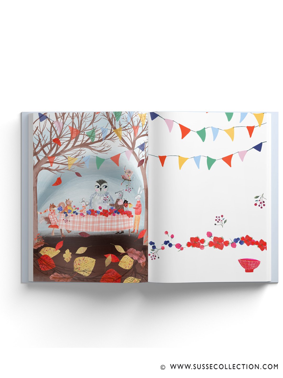 A photograph of an illustration of cute woodland animals enjoying a feast of berries as a book spread
