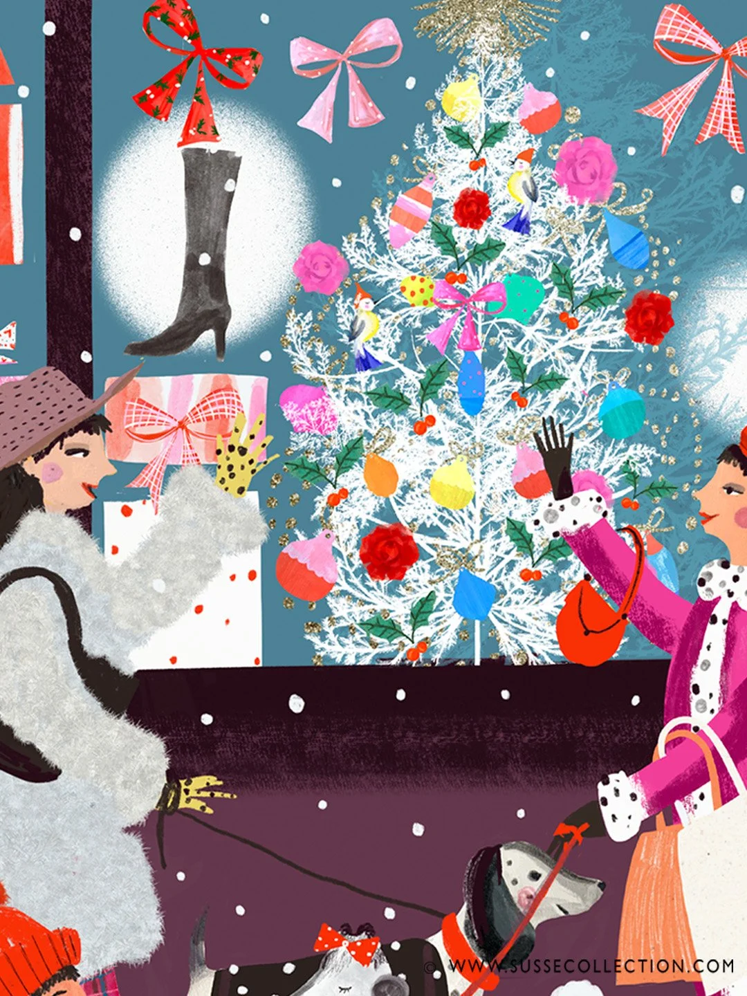 A photograph of an illustration of fashion people Christmas shopping with their dogs. a detail