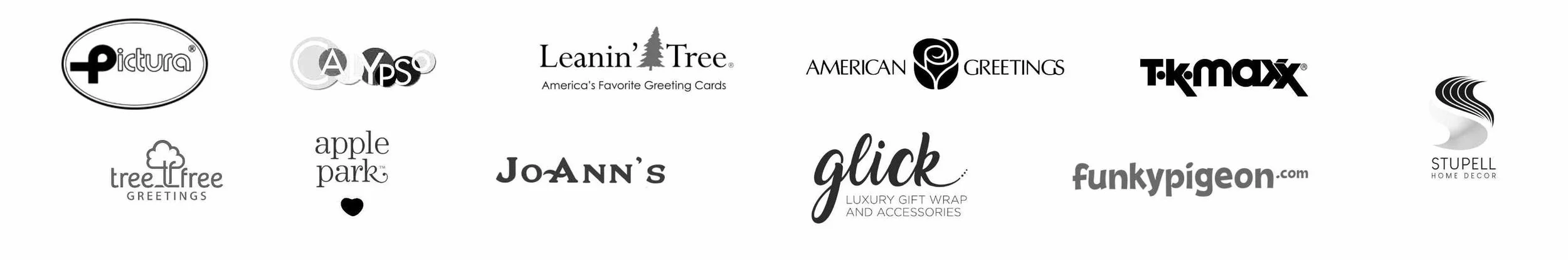 Collection of logos for various greeting card brands, including Pictura, A Y P S, Leanin' Tree, American Greetings, T K Maxx, tree free greetings, apple park, Jo Ann's, flick, Funky Pigeon, and Stupell Home Decor.