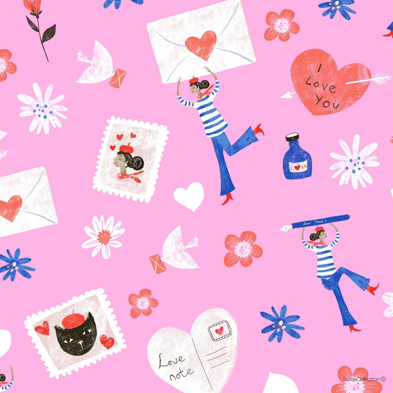 Send a love note on Valentine’s Day surface pattern by Susse Linton