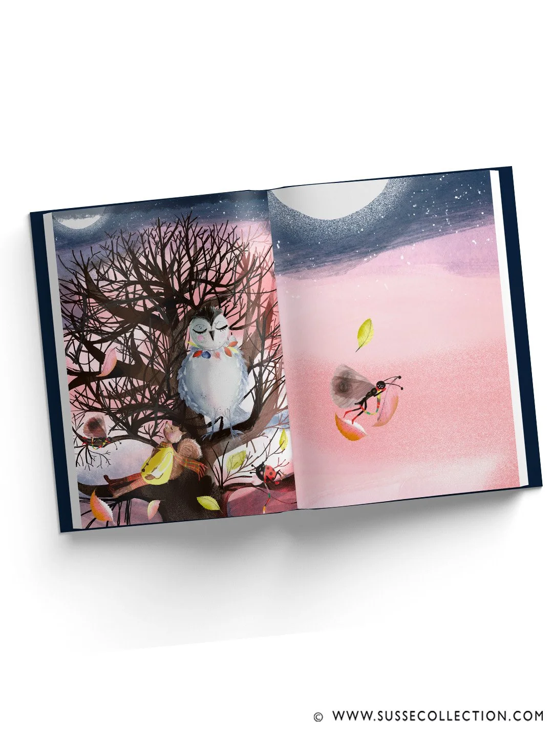 A photograph of a book spread of an illustration of an owl, squirrel, moth, and ladybug by Susse Linton