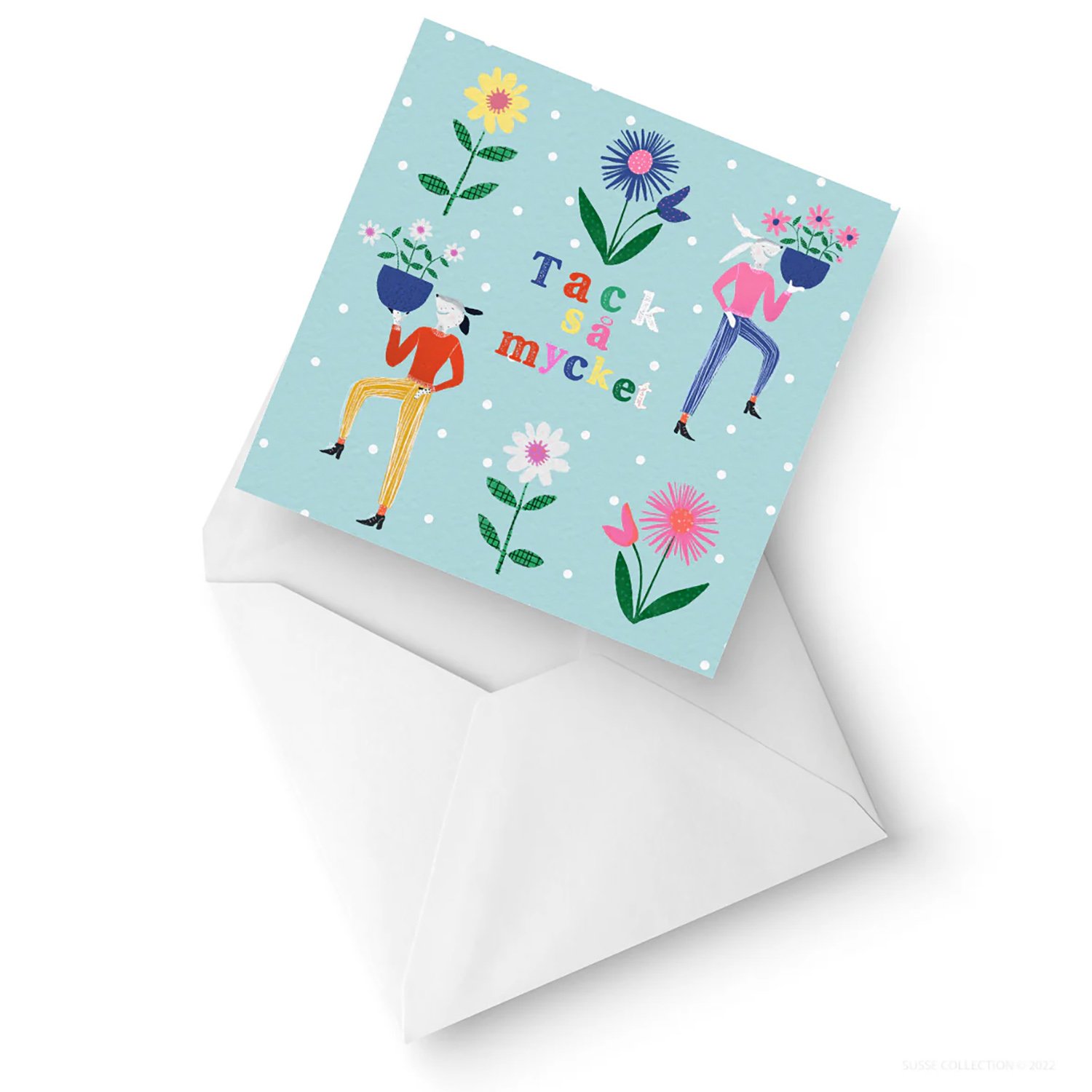 Greeting Card Pack of ten by illustrator Susse Linton for Susse Collection Thank you note cards in Swedish with envelopes