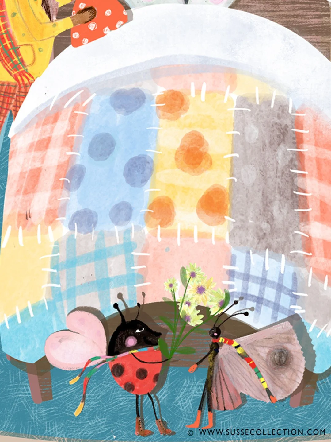 A photograph of an illustration of cute animals nursing a sick owl in bed
