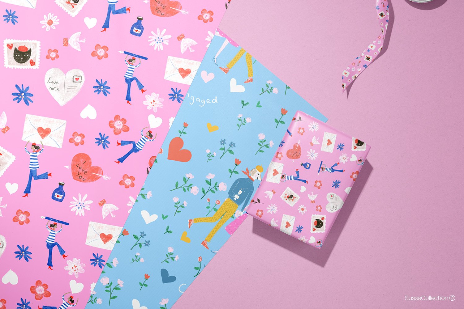 A selection of illustrated surface patterns celebrations love by Susse Linton
